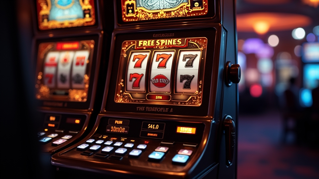Donkere slotscène met gratis spins en draaiende rollen in een casino-omgeving