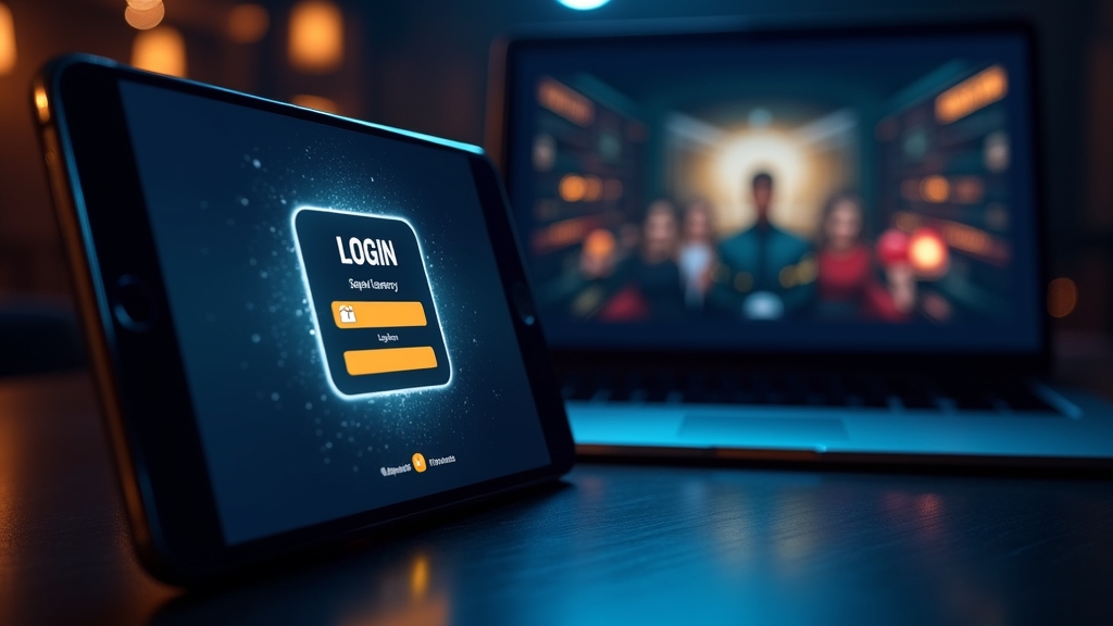 Laptop en smartphone met inlogscherm in een donkere casino-omgeving