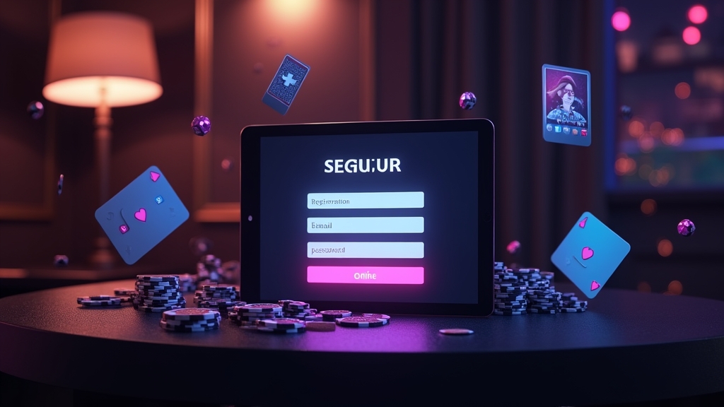 Registratiescherm met tablet, e-mail en beveiligingsiconen in een casino-sfeer