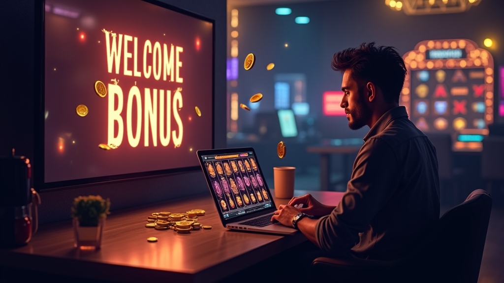 Casino-interface met welkomstbonus, spins en bonuskaarten op een donkere achtergrond