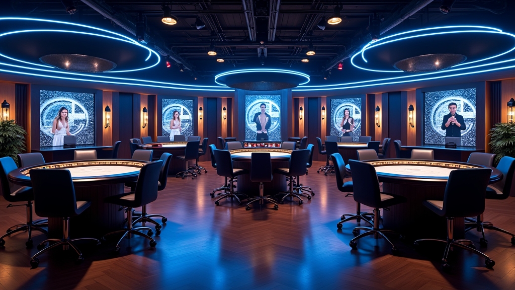 Live casinolobby met meerdere tafels en dealers in een donkere studio