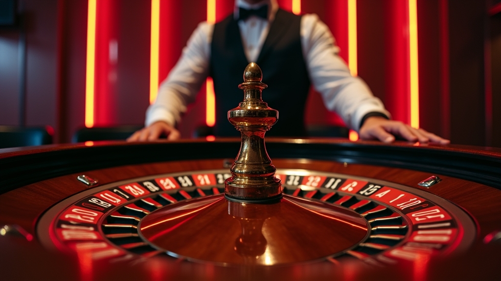 Live roulette tafel met dealer, wiel en inzetvelden in een donkere casino-studio